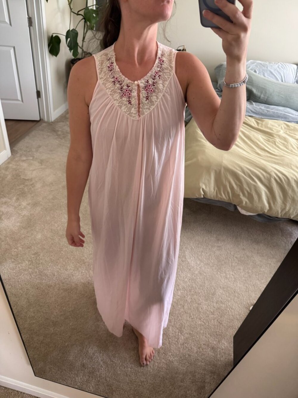 Vintage Deena Pink Long Nightgown with Floral Embroidery Size Medium